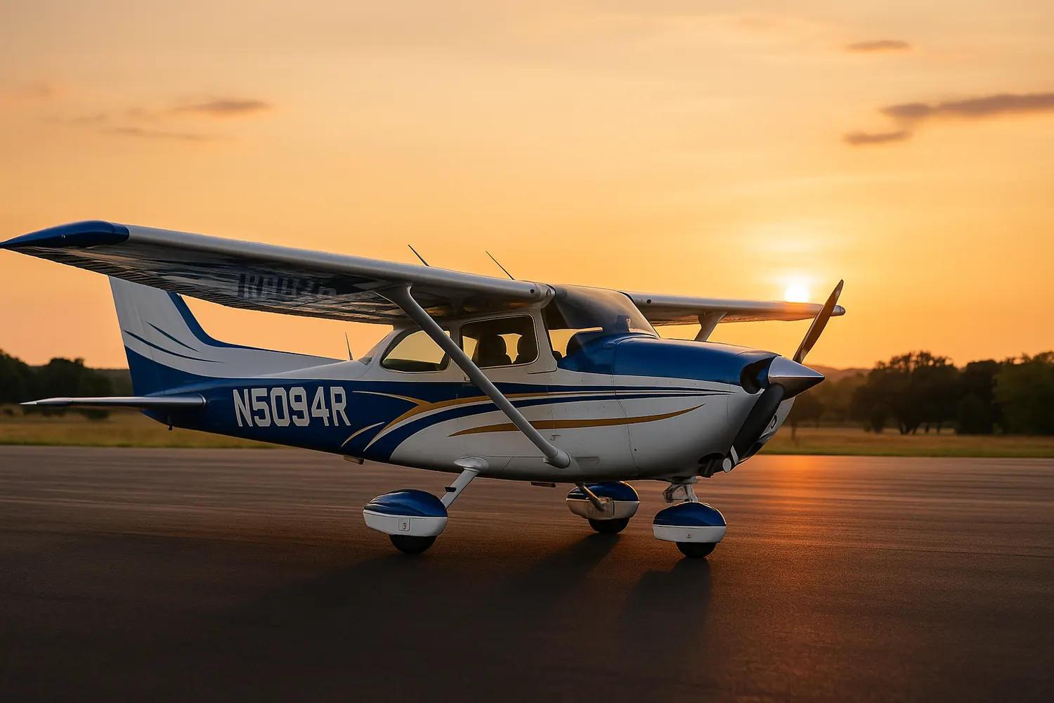 The Aero Commander flying over the Austin skyline at sunset